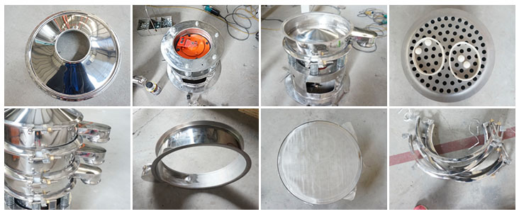 不銹鋼振動篩結構展示：防塵蓋，出料口，閘門，篩網于彈跳球，底座，振動彈簧等。