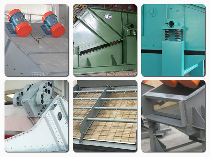 礦用振動篩主要由激振器、篩體、篩網、減振裝置及座架等組成。篩箱由篩框、篩板、襯板等組成