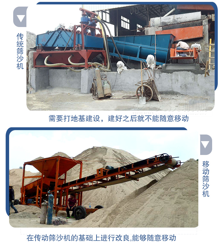 移動的篩沙機(jī)在安裝前需要打地基，而固定完畢后就不能隨意的移動，而移動篩沙機(jī)不需要打地并且隨時能夠進(jìn)行移動。